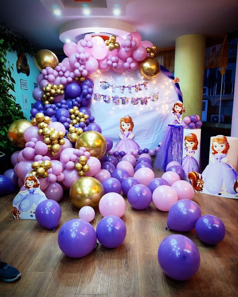 Prenses Sofia temalı mor balonlu doğum günü